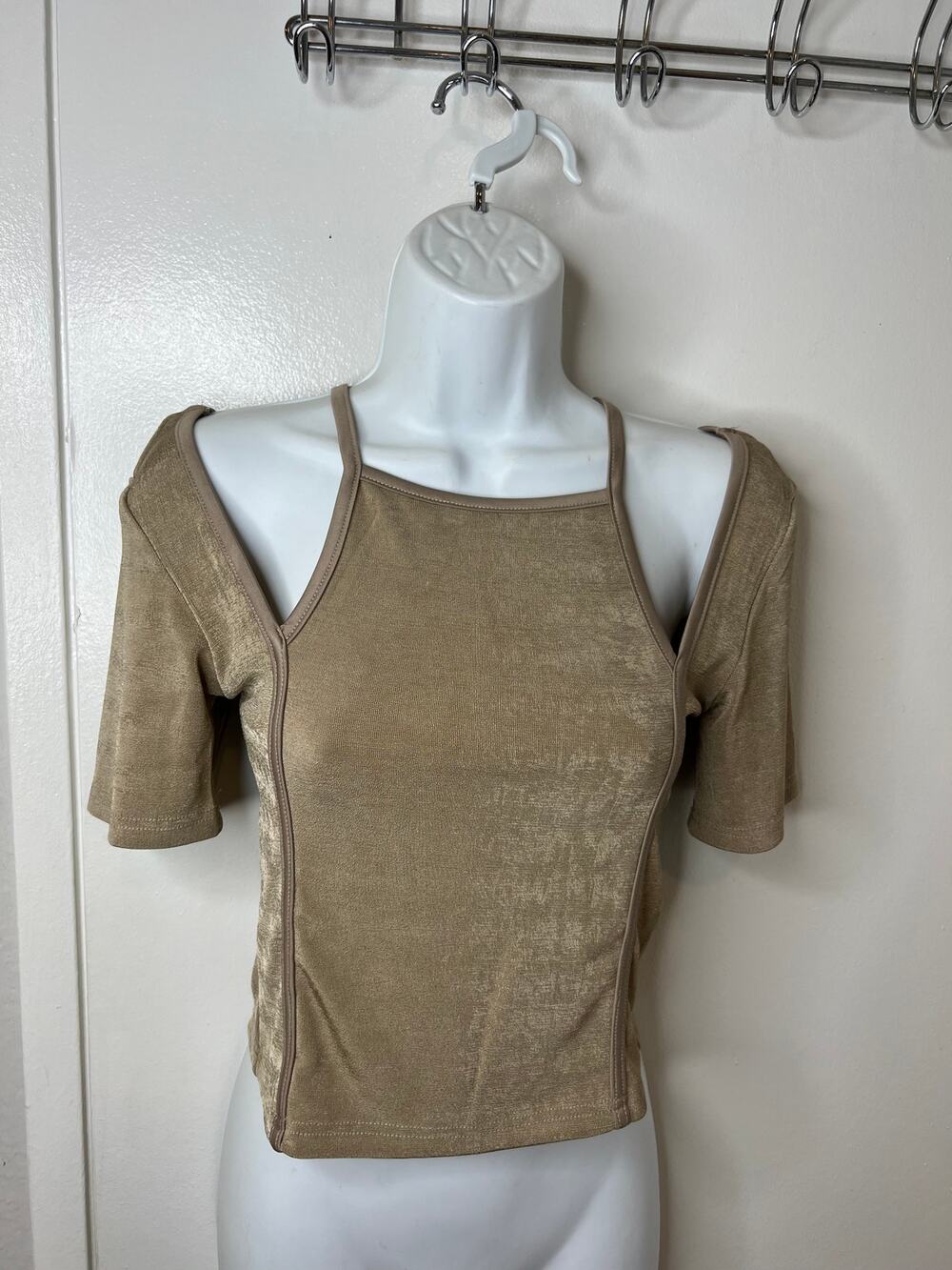 The Greii Los Angeles Women's Cold Shoulder Top Shimmery Taupe NEW ~ Size S